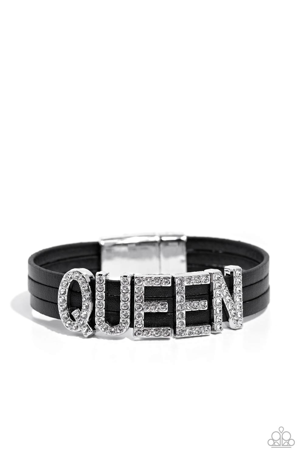 Queen of My Life Black Leather and White Rhinestone Inspirational Bracelet - Paparazzi Accessories- lightbox - CarasShop.com - Paparazzi Jewelry by Cara Jewels