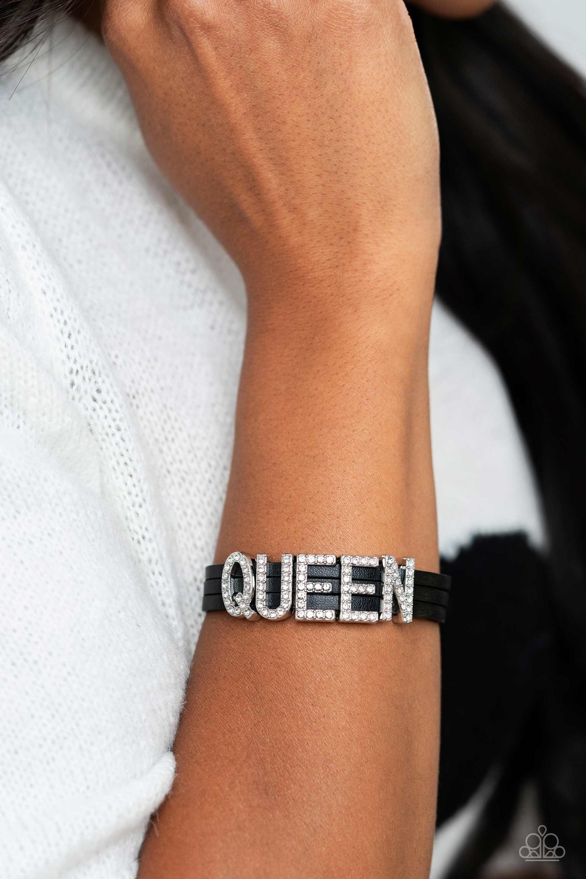 Queen of My Life Black Leather and White Rhinestone Inspirational Bracelet - Paparazzi Accessories- on model - CarasShop.com - Paparazzi Jewelry by Cara Jewels