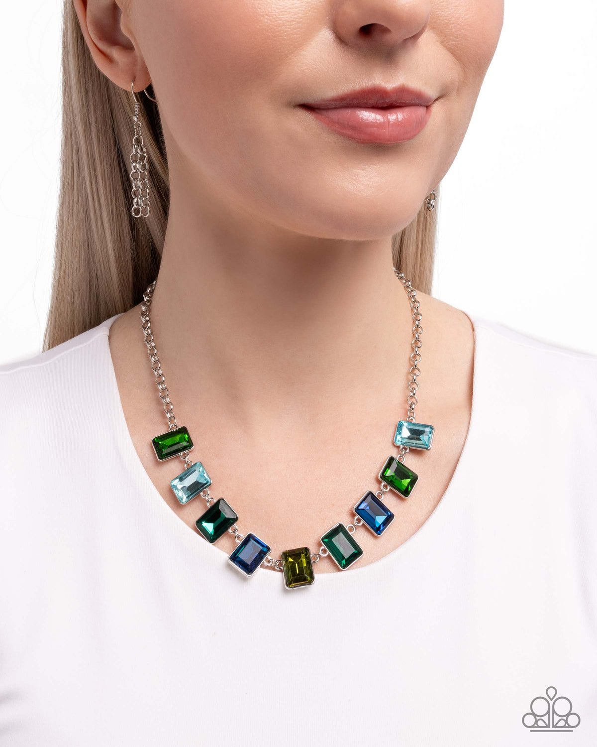 Radiant Rectangles Green & Blue Gem Necklace - Paparazzi Accessories-on model - CarasShop.com - Paparazzi Jewelry by Cara Jewels