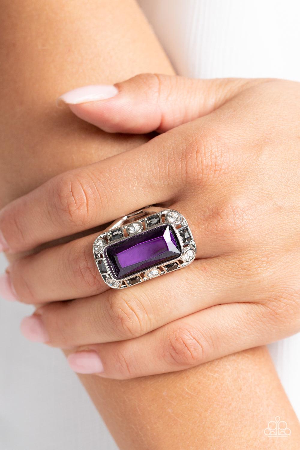 Radiant Rhinestones Purple Rhinestone Ring - Paparazzi Accessories- on model - CarasShop.com - Paparazzi Jewelry by Cara Jewels
