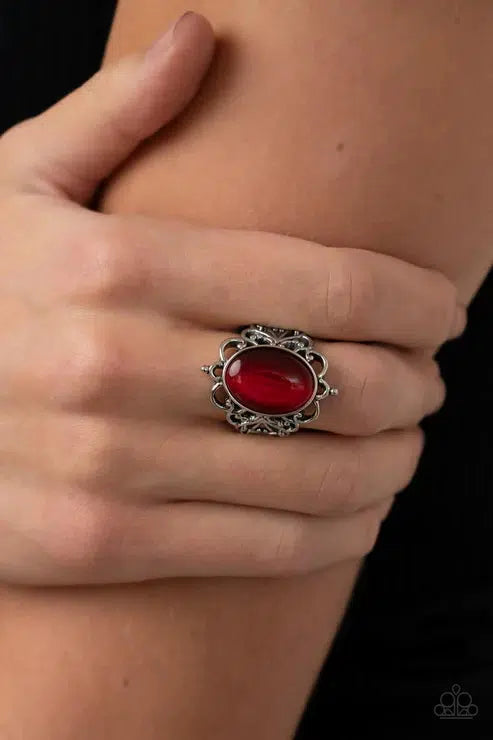 Radiantly Reminiscent Red Ring - Paparazzi Accessories- on model - CarasShop.com - Paparazzi Jewelry by Cara Jewels