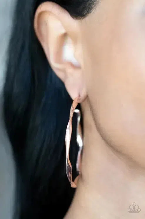 Radiantly Warped Rose Gold Earrings - Paparazzi Accessories-on model - CarasShop.com - Paparazzi Jewelry by Cara Jewels