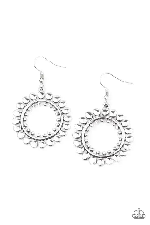 Radiating Radiance Silver Earrings - Paparazzi Accessories- lightbox - CarasShop.com - Paparazzi Jewelry by Cara Jewels