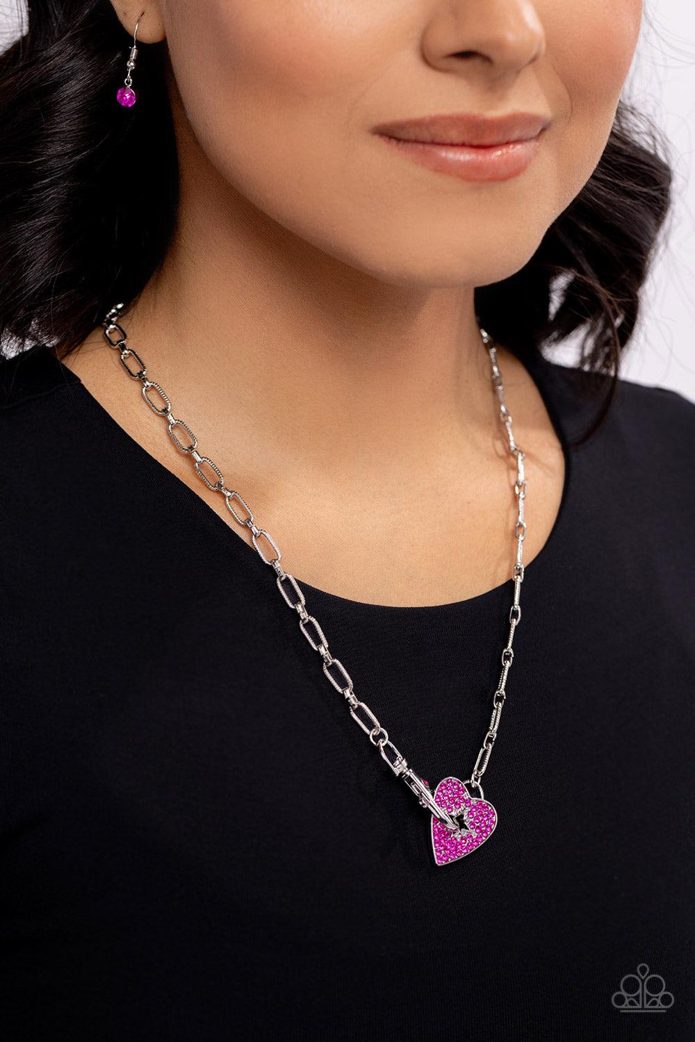 Radical Romance Pink Rhinestone Heart Necklace - Paparazzi Accessories- on model - CarasShop.com - Paparazzi Jewelry by Cara Jewels