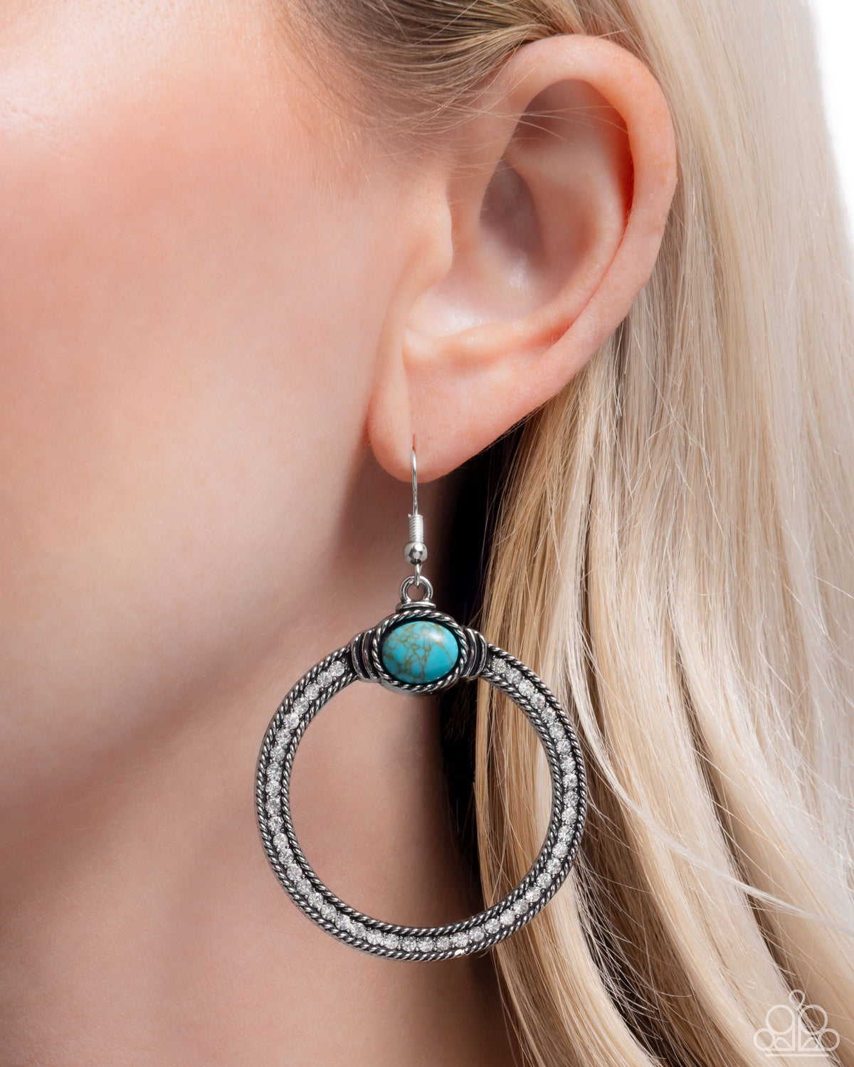 Radical Rusticity Turquoise Blue Stone & White Rhinestone Earrings - Paparazzi Accessories-on model - CarasShop.com - Paparazzi Jewelry by Cara Jewels