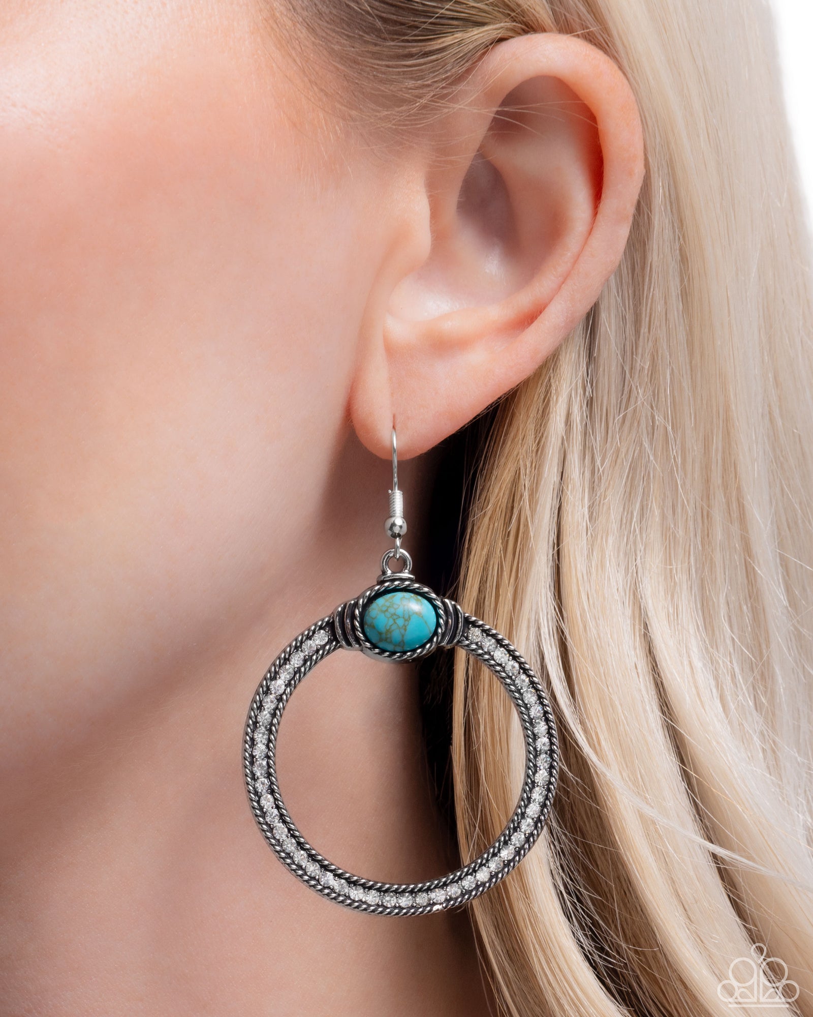Radical Rusticity Turquoise Blue Stone & White Rhinestone Earrings - Paparazzi Accessories- lightbox - CarasShop.com - Paparazzi Jewelry by Cara Jewels