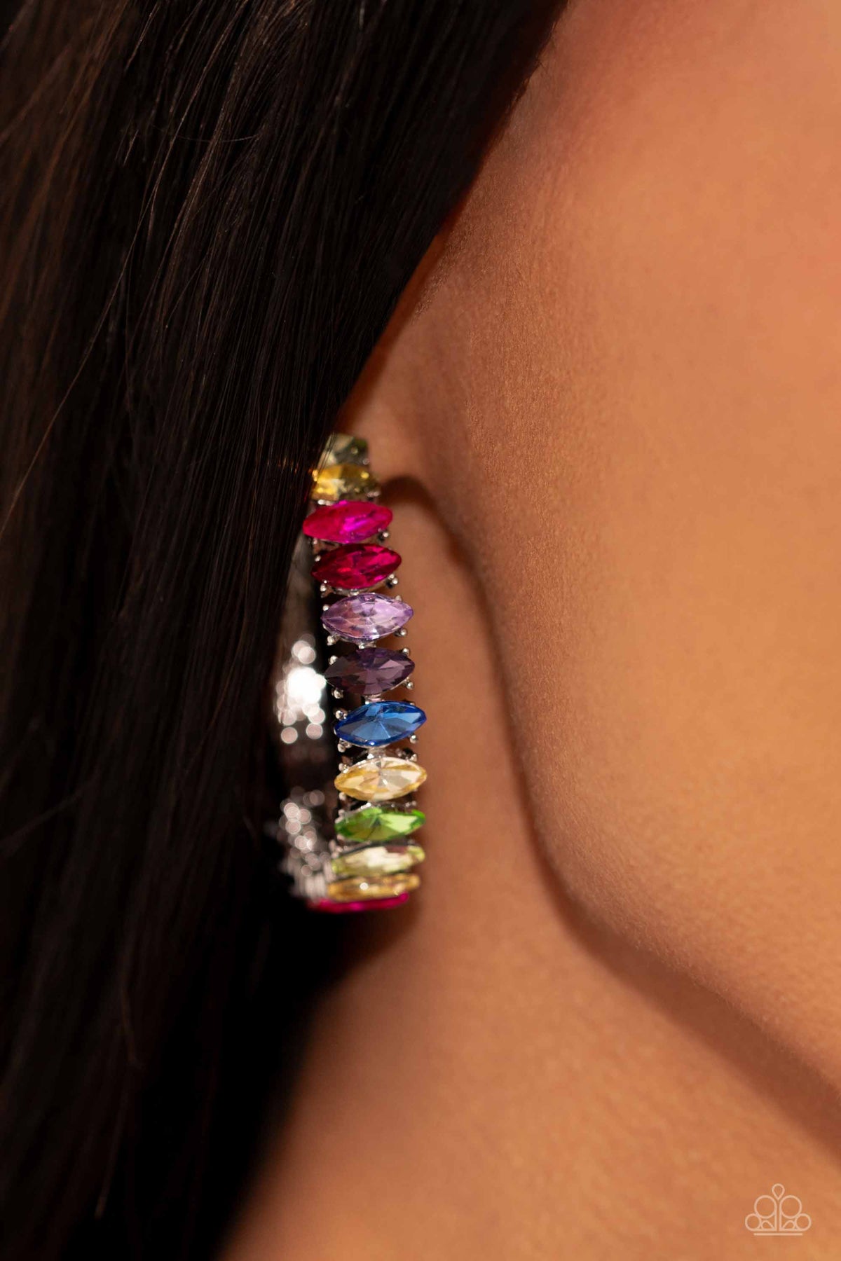 Rainbow Range Multi Rhinestone Hoop Earrings - Paparazzi Accessories- on model - CarasShop.com - Paparazzi Jewelry by Cara Jewels