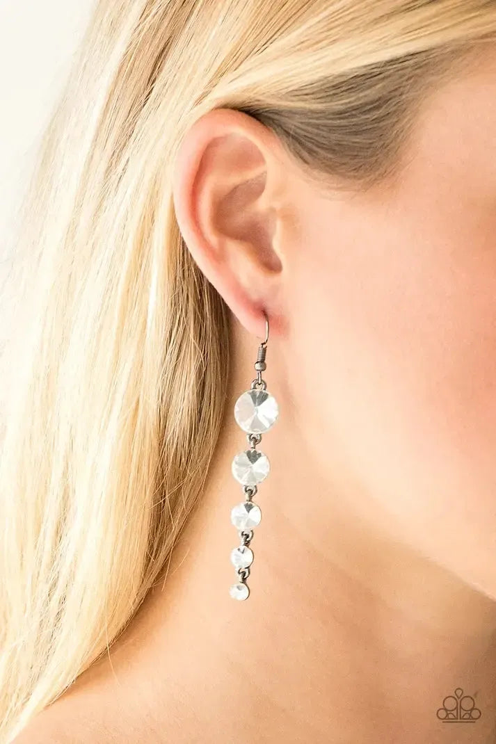 Raining Rhinestones Black & White Rhinestone Earrings - Paparazzi Accessories- on model - CarasShop.com - Paparazzi Jewelry by Cara Jewels