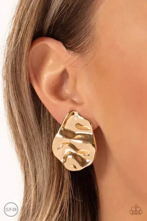 Raise The RUCHE Gold Clip-on Earrings - Paparazzi Accessories- on model - CarasShop.com - Paparazzi Jewelry by Cara Jewels