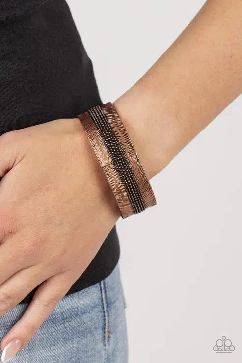 Rancho Refinement Copper Bracelet - Paparazzi Accessories- on model - CarasShop.com - Paparazzi Jewelry by Cara Jewels