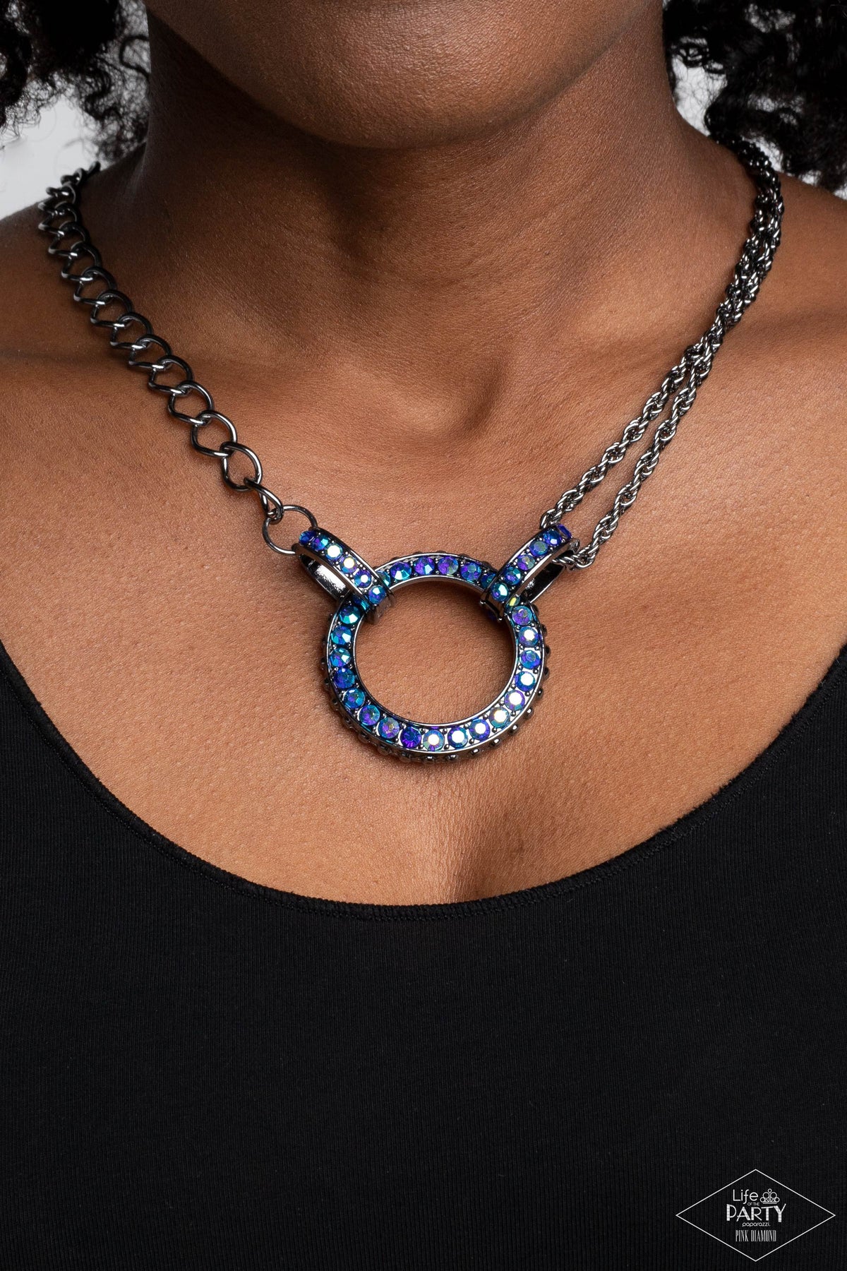 Razzle Dazzle Blue Rhinestone Necklace - Paparazzi Accessories- on model - CarasShop.com - Paparazzi Jewelry by Cara Jewels