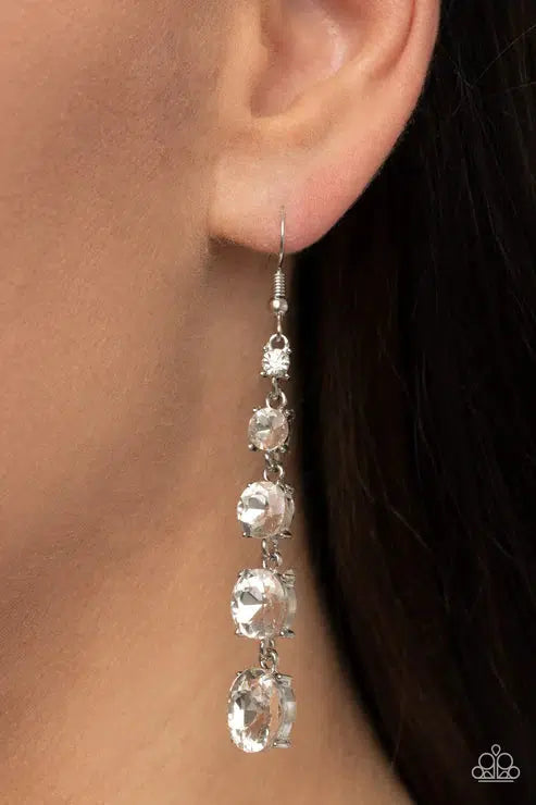 Red Carpet Charmer White Earrings - Paparazzi Accessories- on model - CarasShop.com - Paparazzi Jewelry by Cara Jewels