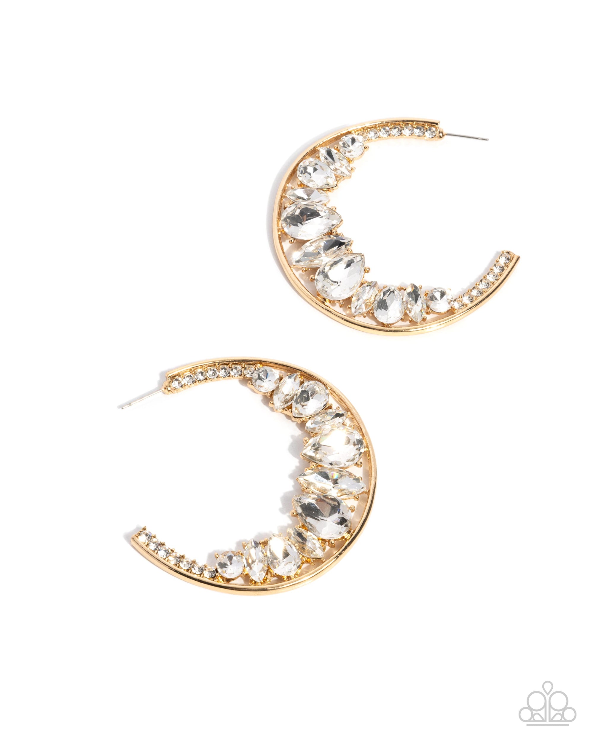 Refined Rewind Gold & White Rhinestone Hoop Earrings - Paparazzi Accessories- lightbox - CarasShop.com - Paparazzi Jewelry by Cara Jewels
