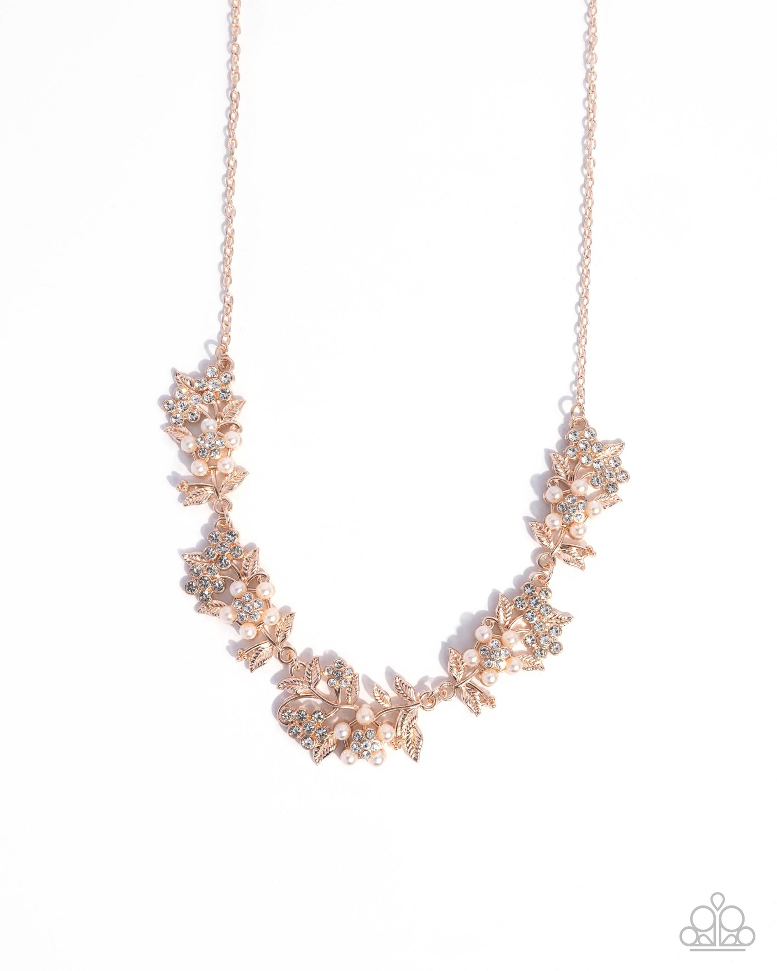 Refined Rule Rose Gold Rhinestone & Pearl Floral Necklace - Paparazzi Accessories- lightbox - CarasShop.com - Paparazzi Jewelry by Cara Jewels