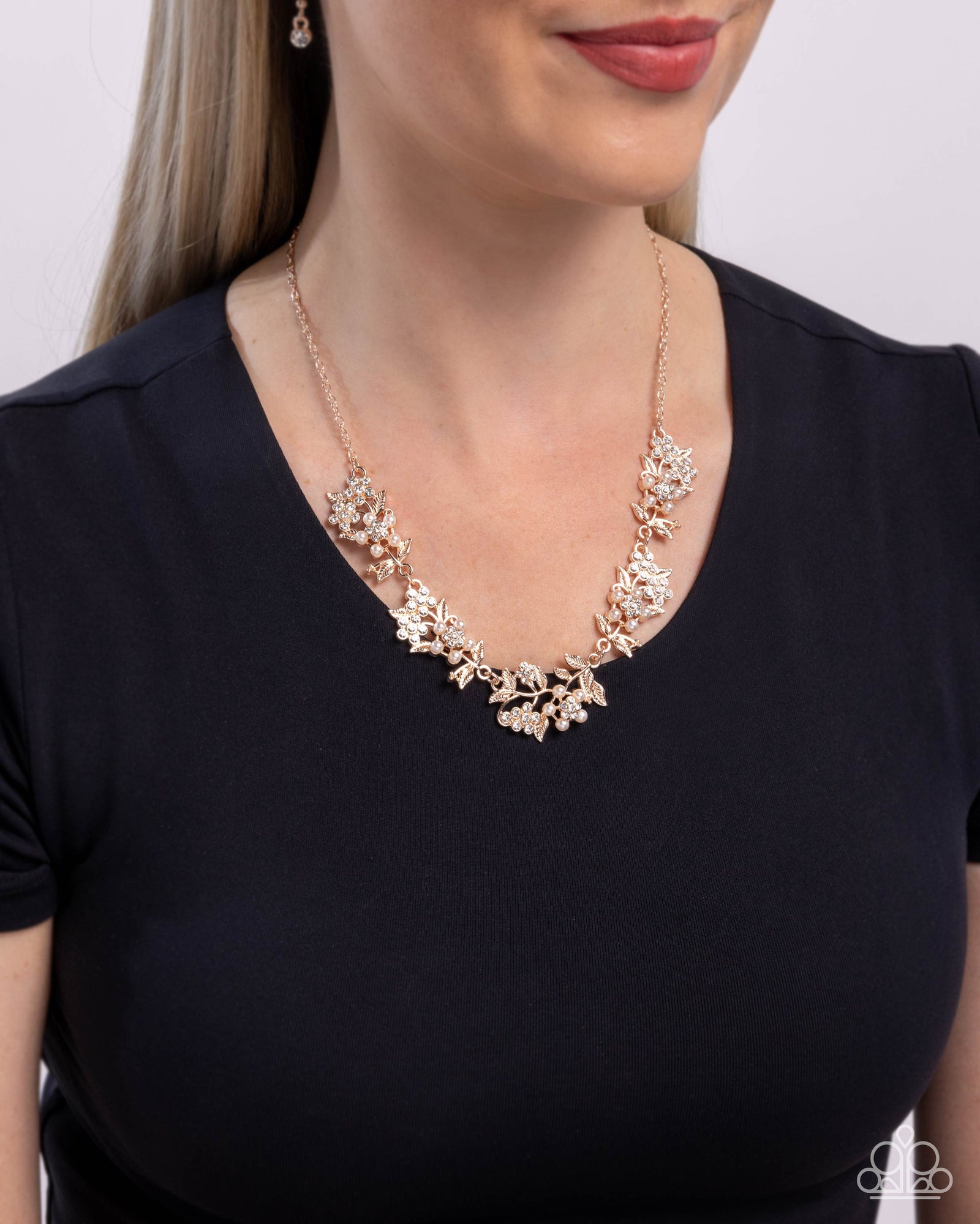 Refined Rule Rose Gold Rhinestone & Pearl Floral Necklace - Paparazzi Accessories- lightbox - CarasShop.com - Paparazzi Jewelry by Cara Jewels