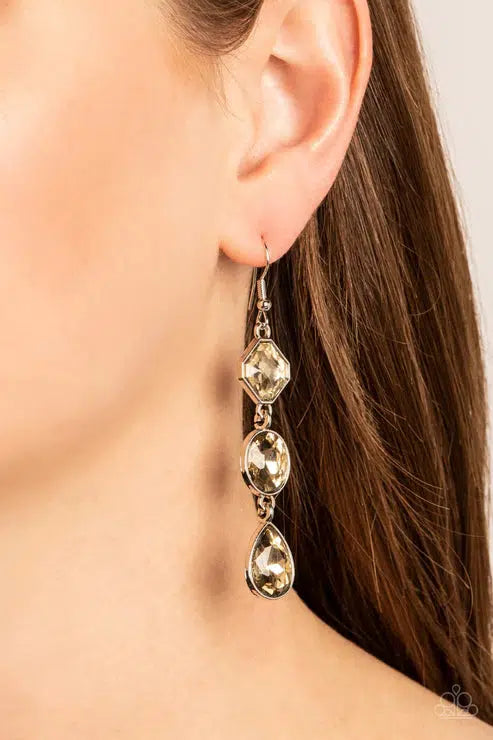 Reflective Rhinestones Brown Earrings - Paparazzi Accessories- on model - CarasShop.com - Paparazzi Jewelry by Cara Jewels
