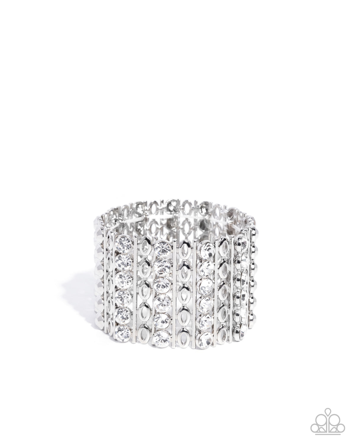 Reflective Rows White Rhinestone & Silver Bracelet - Paparazzi Accessories- lightbox - CarasShop.com - Paparazzi Jewelry by Cara Jewels