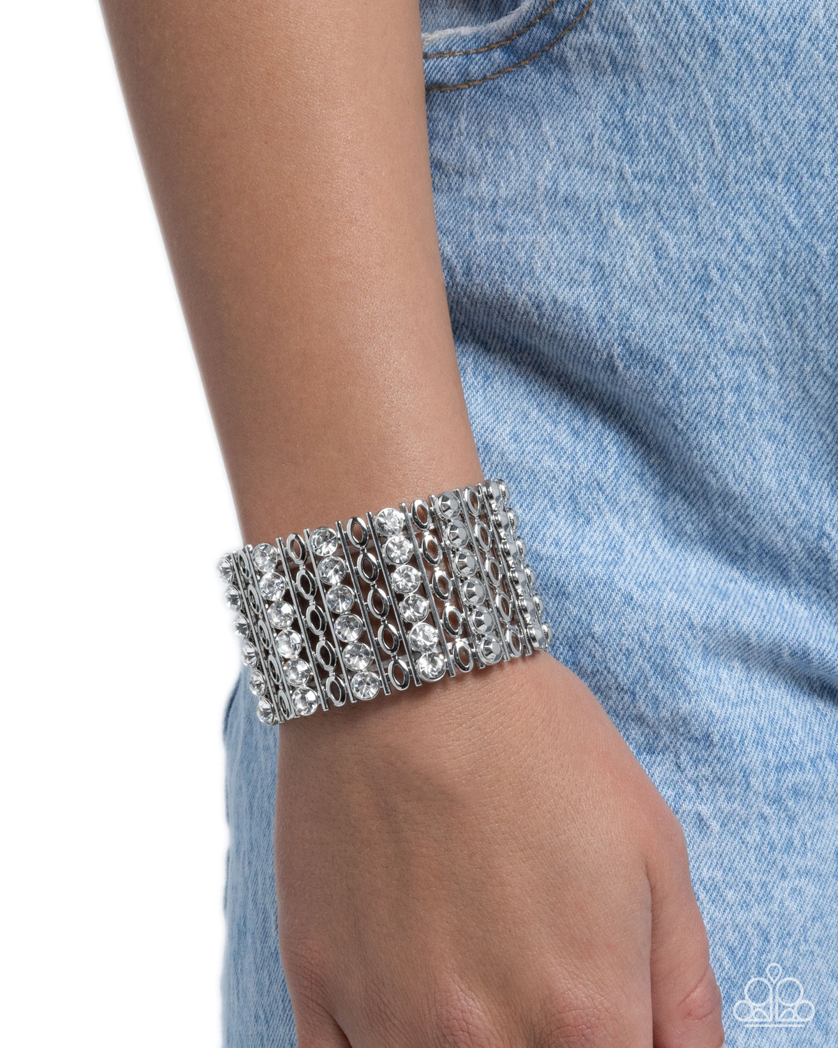 Reflective Rows White Rhinestone & Silver Bracelet - Paparazzi Accessories-on model - CarasShop.com - Paparazzi Jewelry by Cara Jewels