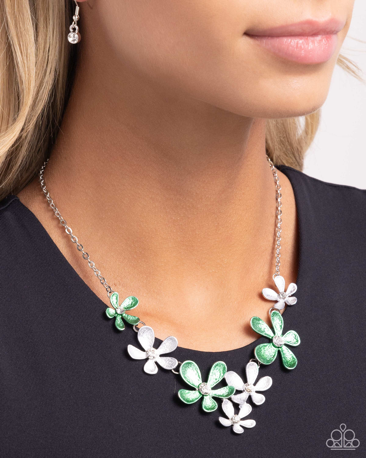 Reflective Rundown Mint Green & Silver Floral Necklace - Paparazzi Accessories- on model - CarasShop.com - Paparazzi Jewelry by Cara Jewels