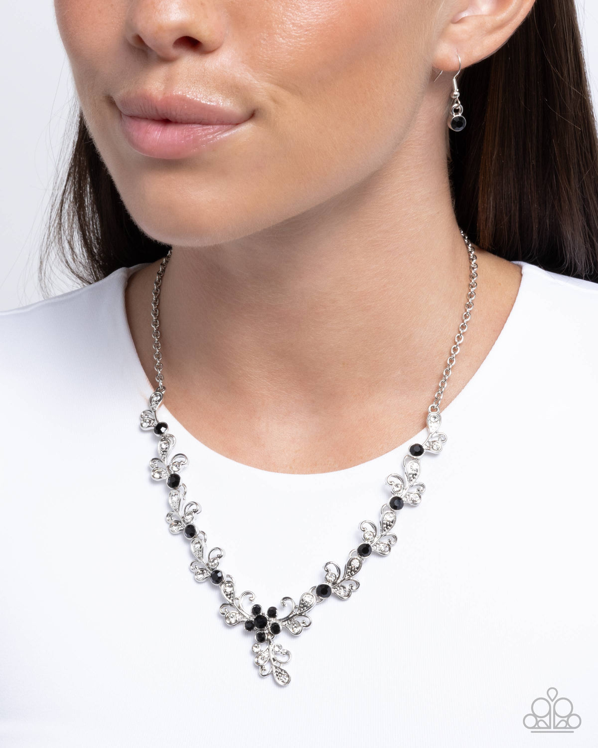 Refreshing Refinement Black & White Rhinestone Necklace - Paparazzi Accessories- on model - CarasShop.com - Paparazzi Jewelry by Cara Jewels