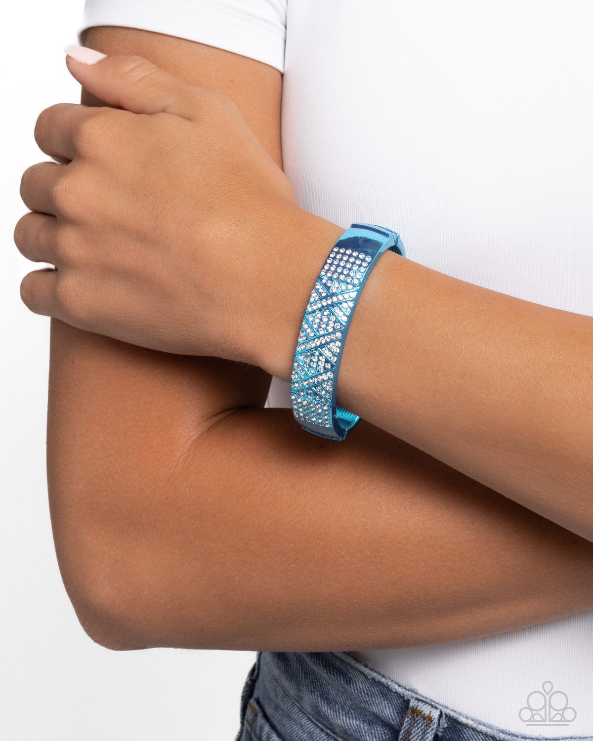 Refulgent Rebel Blue & White Rhinestone Bracelet - Paparazzi Accessories- on model - CarasShop.com - Paparazzi Jewelry by Cara Jewels