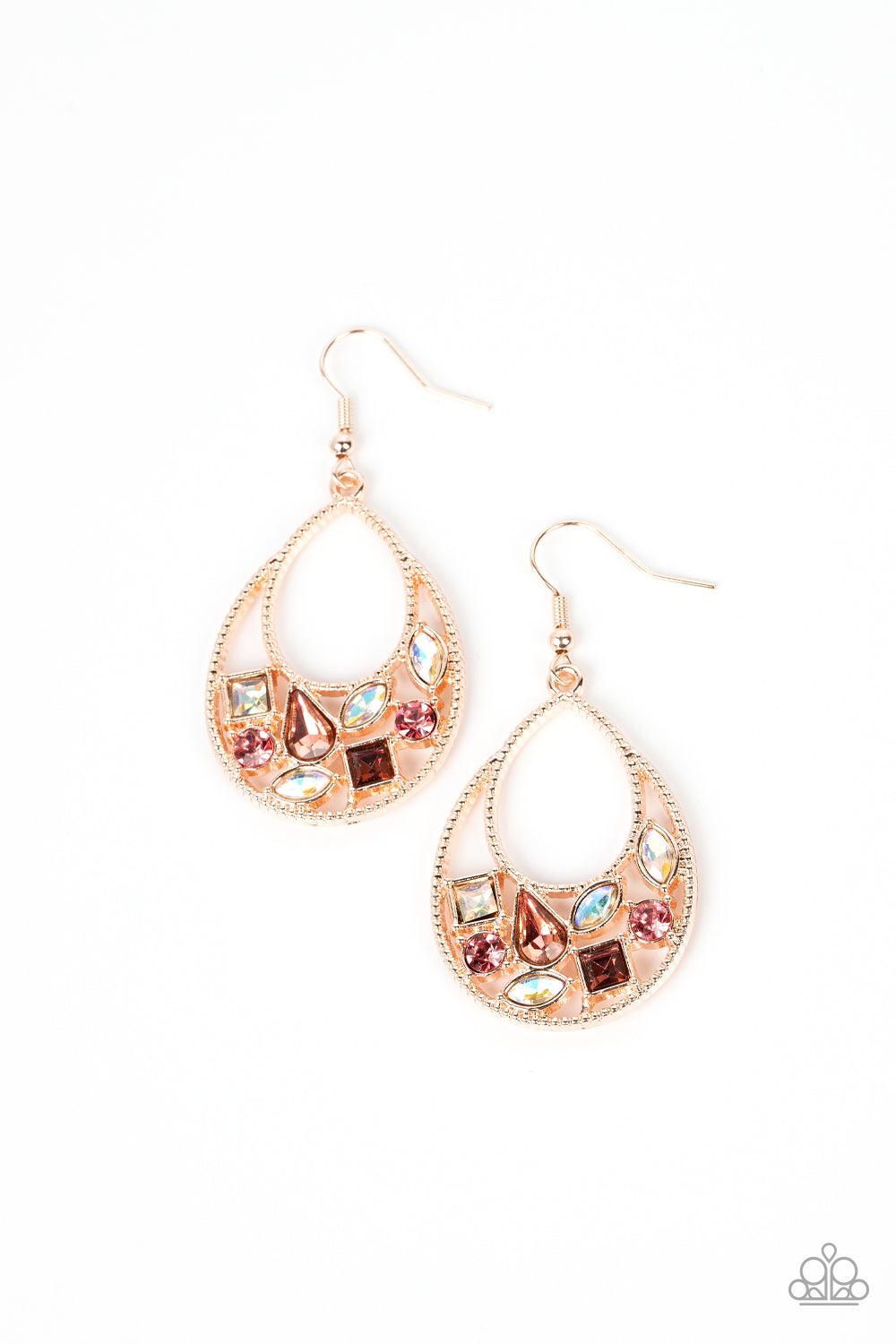 Regal Recreation Gold and Iridescent Rhinestone Earrings - Paparazzi Accessories- lightbox - CarasShop.com - Paparazzi Jewelry by Cara Jewels