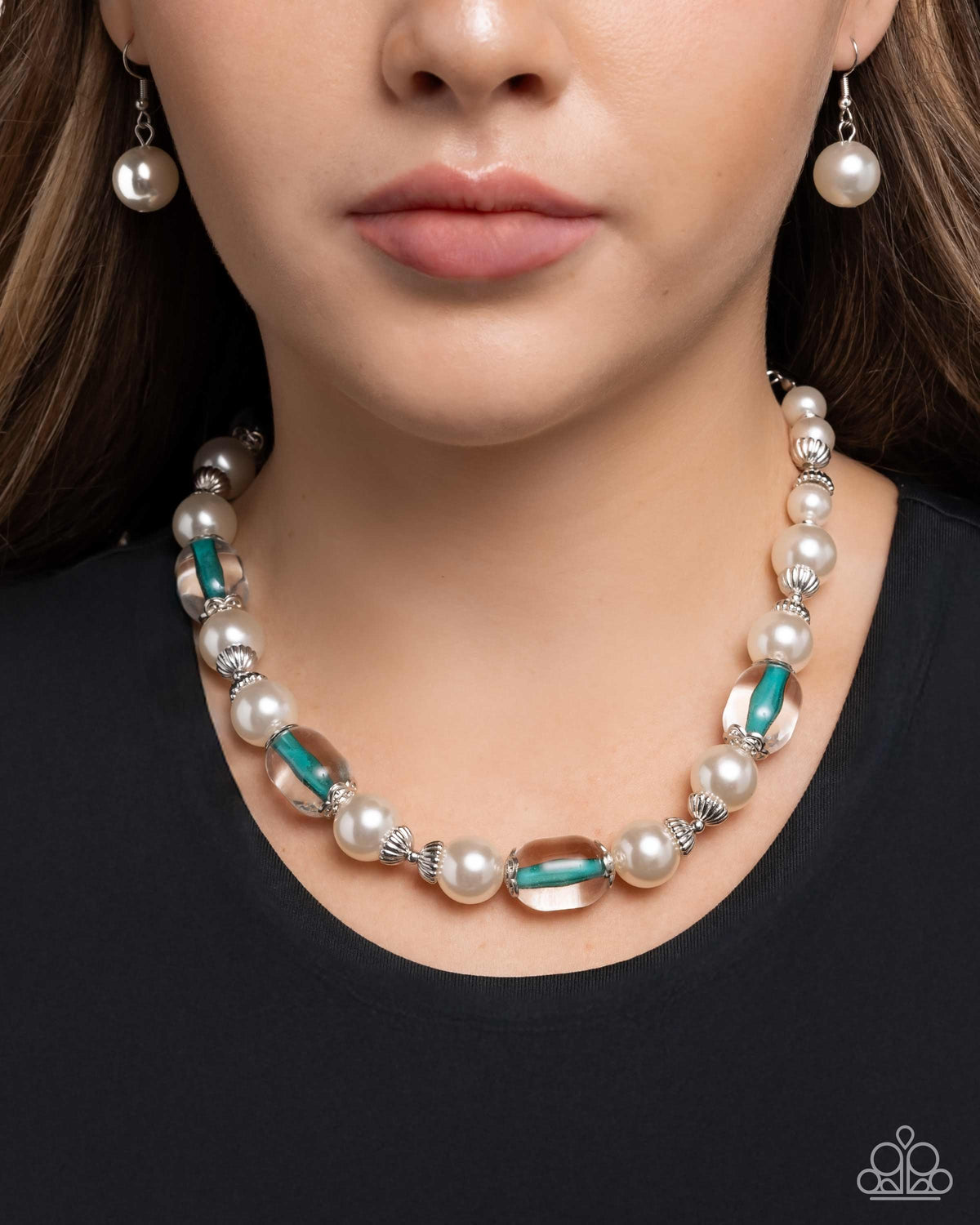 Regency Era Blue Bead & Pearl Necklace - Paparazzi Accessories-on model - CarasShop.com - Paparazzi Jewelry by Cara Jewels