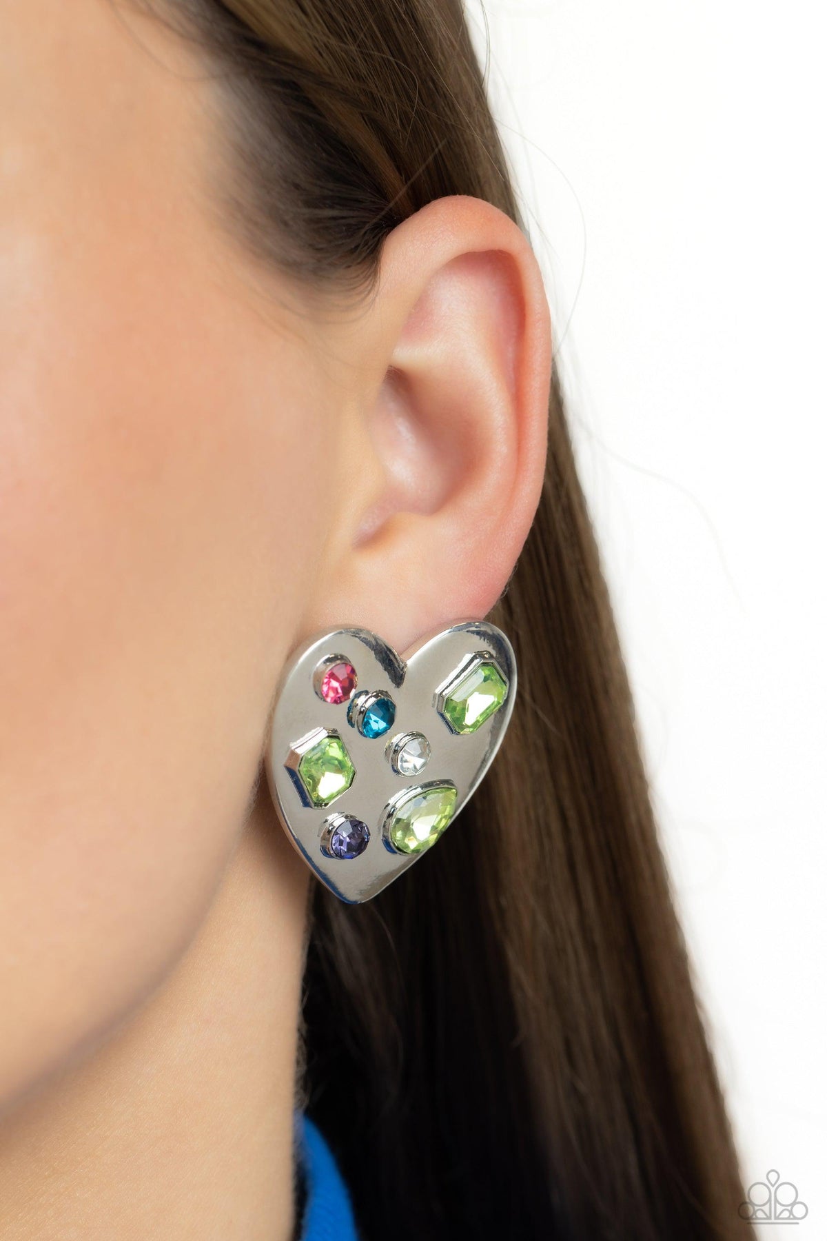 Relationship Ready Green Heart Earrings - Paparazzi Accessories- on model - CarasShop.com - Paparazzi Jewelry by Cara Jewels