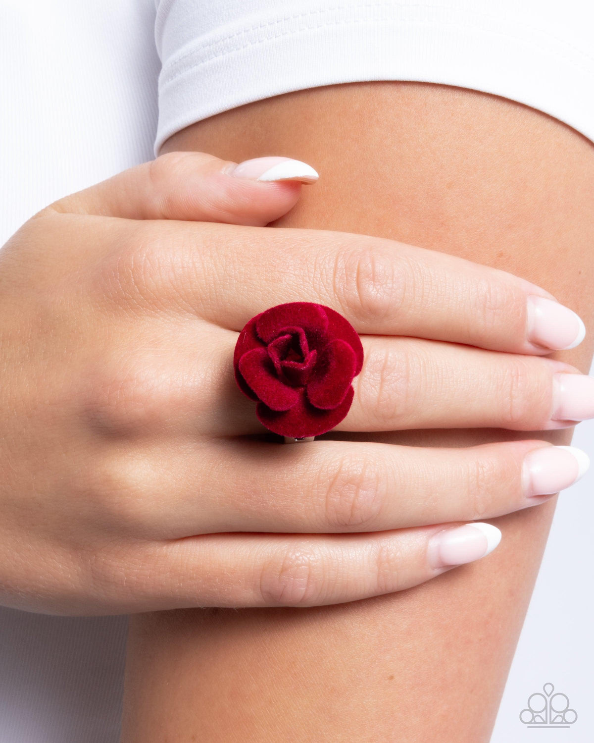 Relaxed Rosette Red Velvet Floral Ring - Paparazzi Accessories- on model - CarasShop.com - Paparazzi Jewelry by Cara Jewels