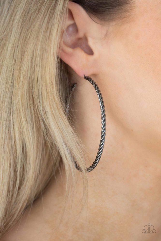 Resist The Twist Black Earrings - Paparazzi Accessories- on model - CarasShop.com - Paparazzi Jewelry by Cara Jewels