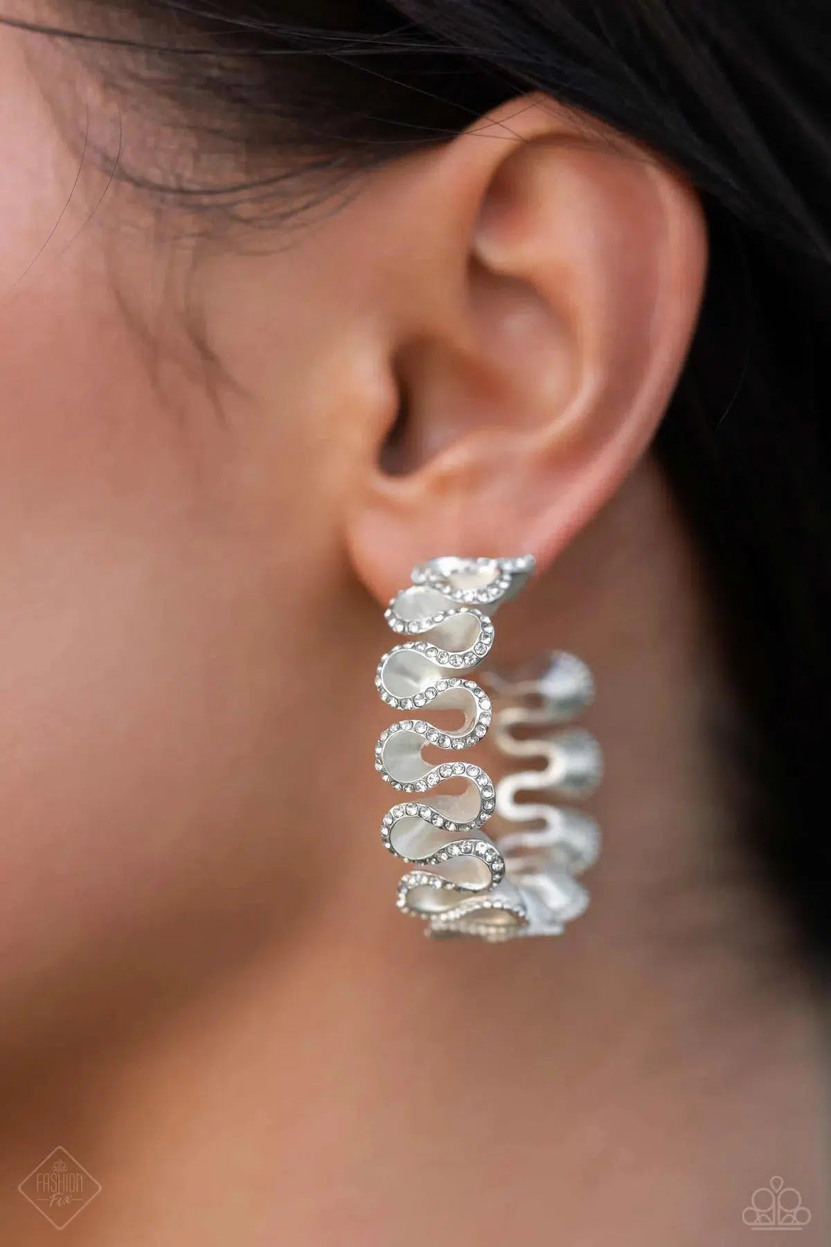Resolutely Ruffled White Earrings - Paparazzi Accessories- on model - CarasShop.com - Paparazzi Jewelry by Cara Jewels