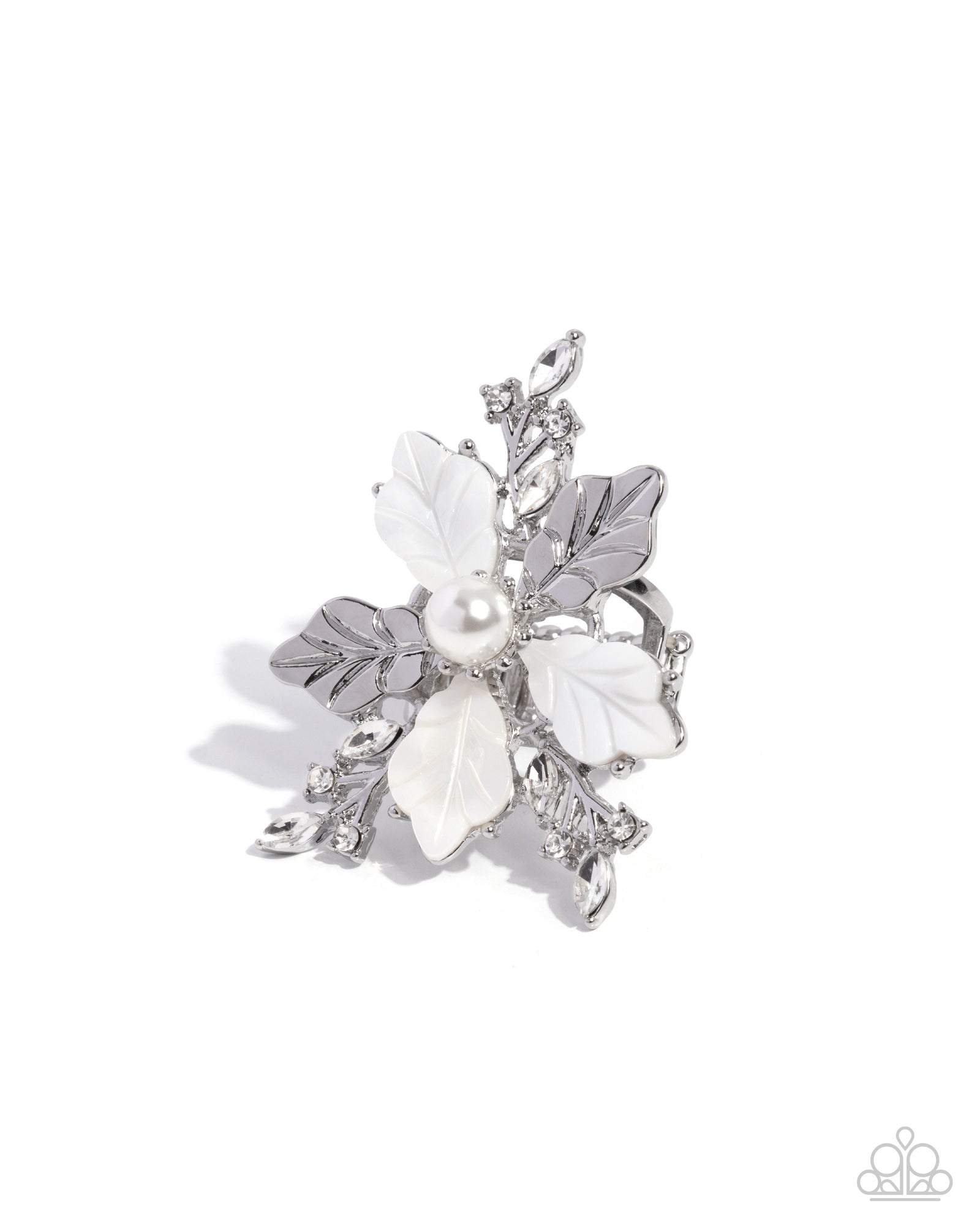 Respectful Radiance White Flower Ring - Paparazzi Accessories- lightbox - CarasShop.com - Paparazzi Jewelry by Cara Jewels
