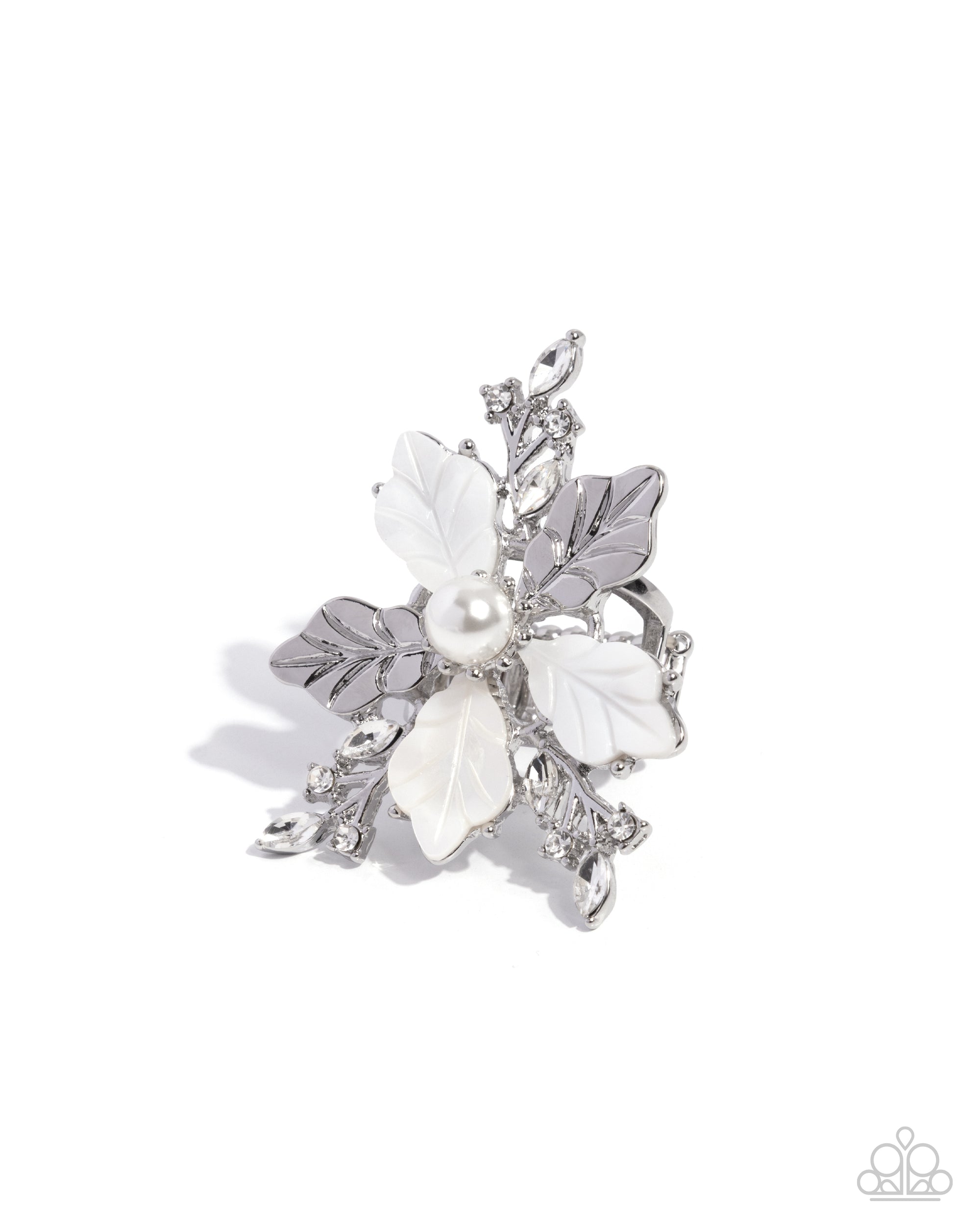 Respectful Radiance White Flower Ring - Paparazzi Accessories- lightbox - CarasShop.com - Paparazzi Jewelry by Cara Jewels