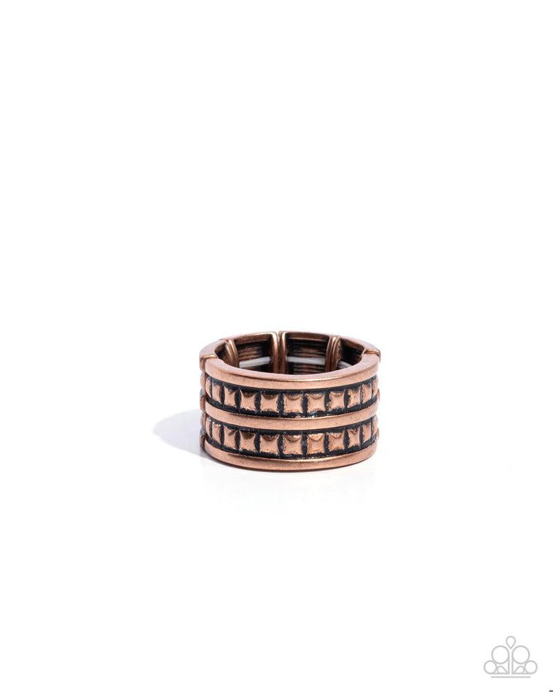 Rev Up Men's Copper Ring - Paparazzi Accessories- lightbox - CarasShop.com - Paparazzi Jewelry by Cara Jewels