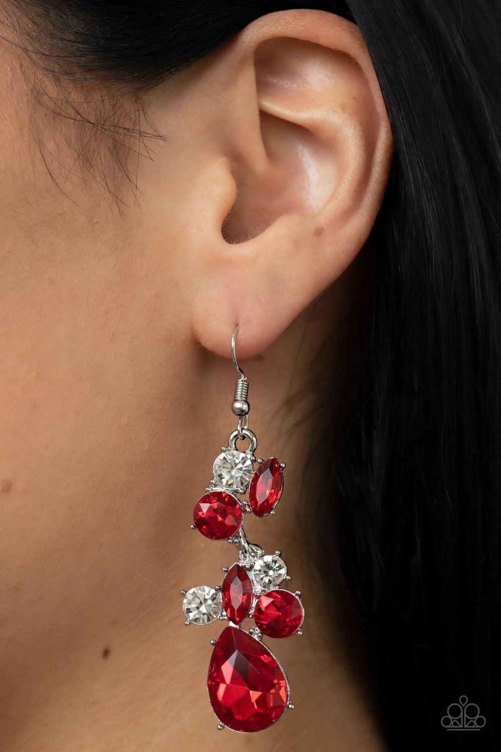 Rhinestone Reveler Red Earrings - Paparazzi Accessories- on model - CarasShop.com - Paparazzi Jewelry by Cara Jewels