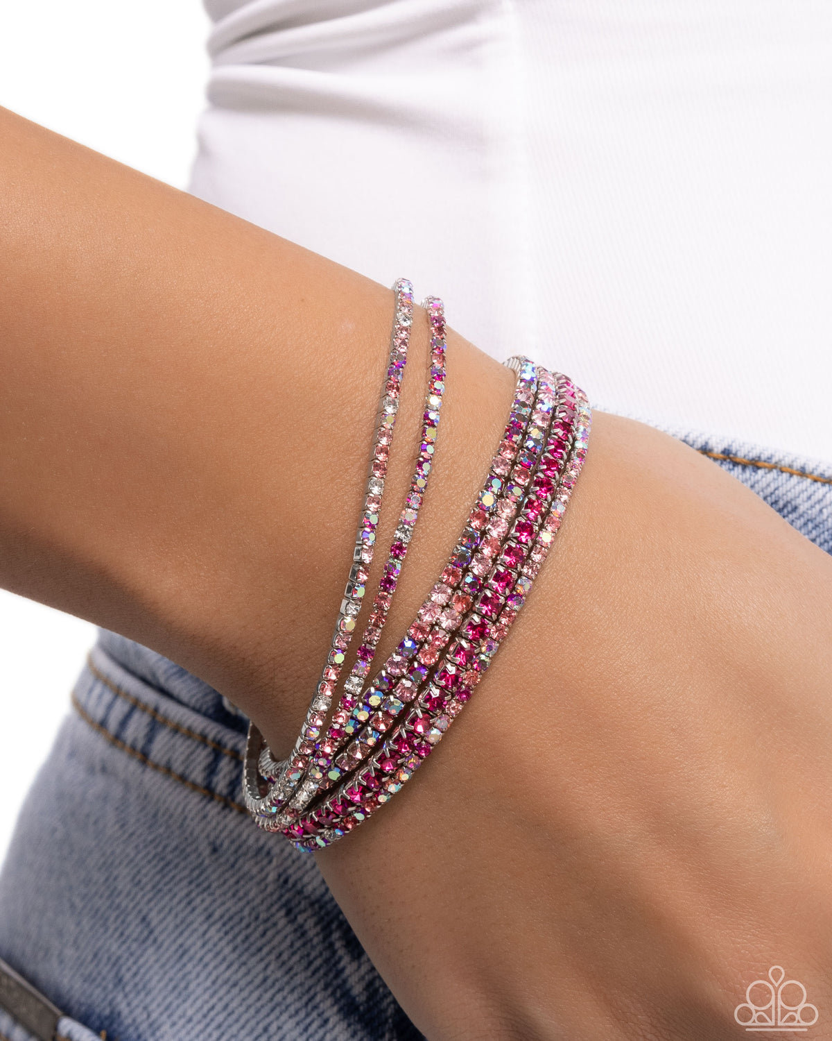 Rhinestone Review Pink Bracelet - Paparazzi Accessories- on model - CarasShop.com - Paparazzi Jewelry by Cara Jewels