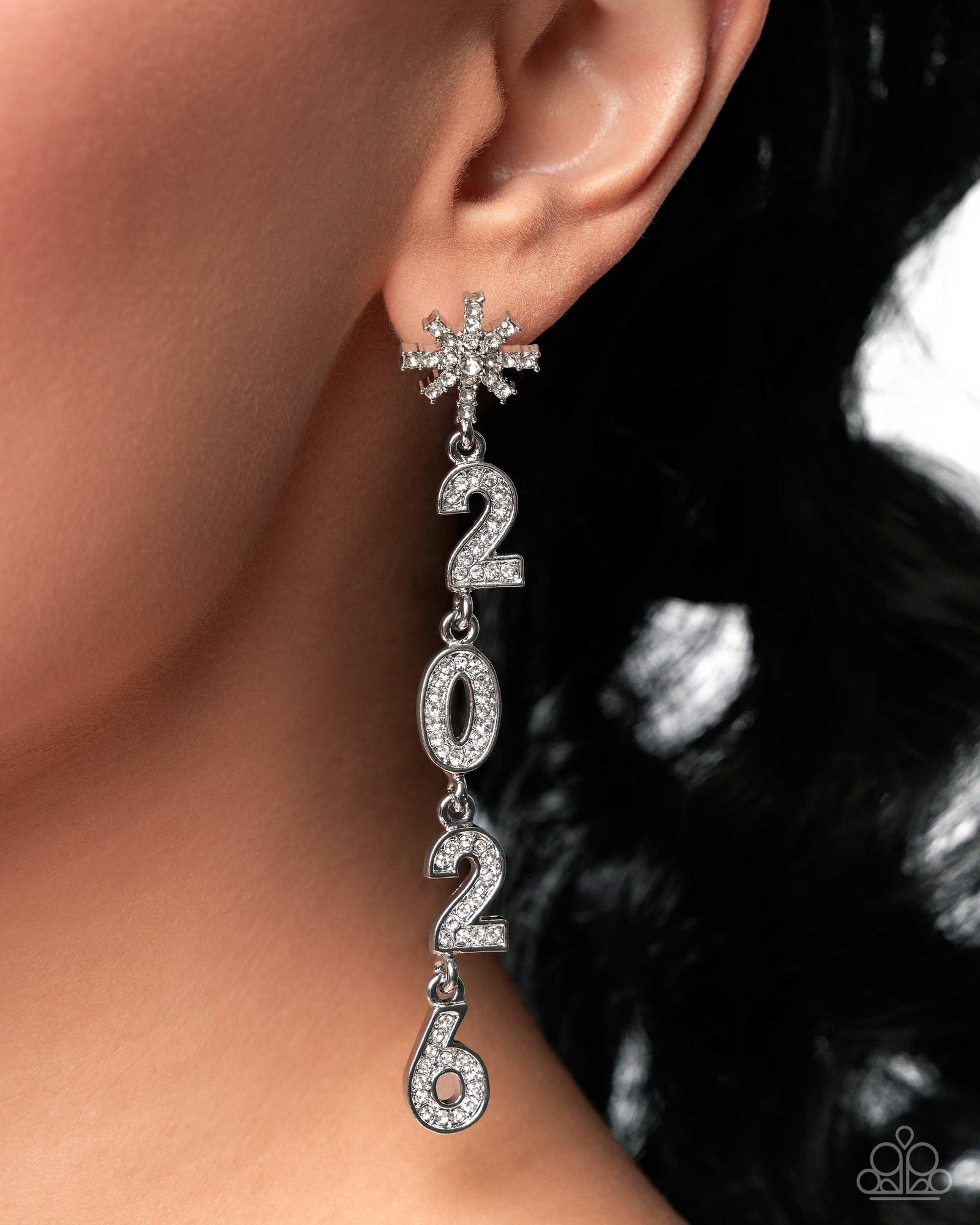 Ring In the Shimmer White Rhinestone 2026 Earrings - Paparazzi Accessories- lightbox - CarasShop.com - Paparazzi Jewelry by Cara Jewels