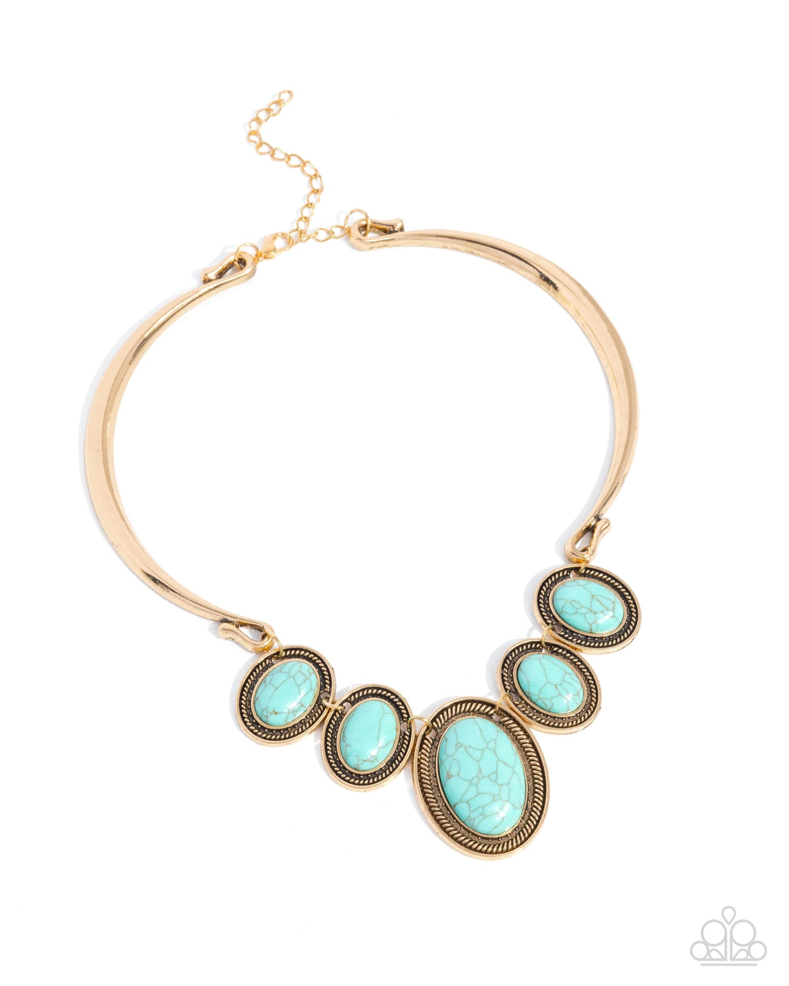 River Ride Gold & Turquoise Blue Stone Necklace - Paparazzi Accessories- lightbox - CarasShop.com - Paparazzi Jewelry by Cara Jewels