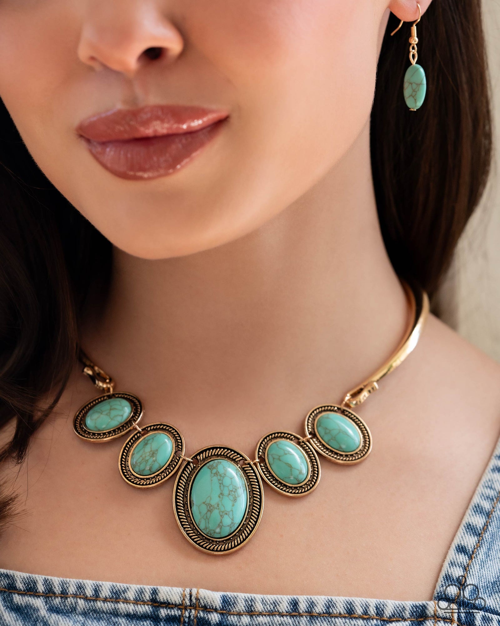 River Ride Gold & Turquoise Blue Stone Necklace - Paparazzi Accessories- lightbox - CarasShop.com - Paparazzi Jewelry by Cara Jewels
