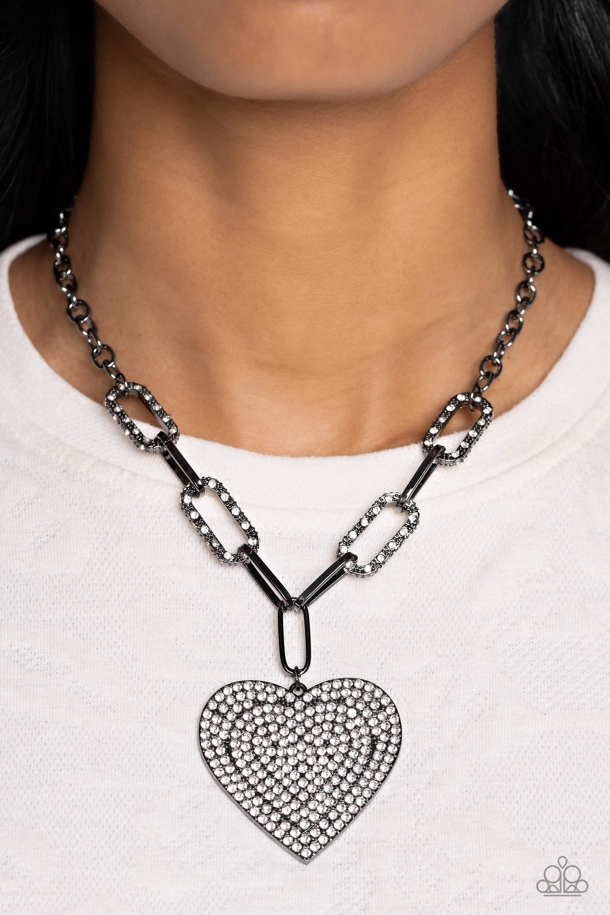 Roadside Romance Gunmetal Black & White Rhinestone Heart Necklace - Paparazzi Accessories- on model - CarasShop.com - Paparazzi Jewelry by Cara Jewels