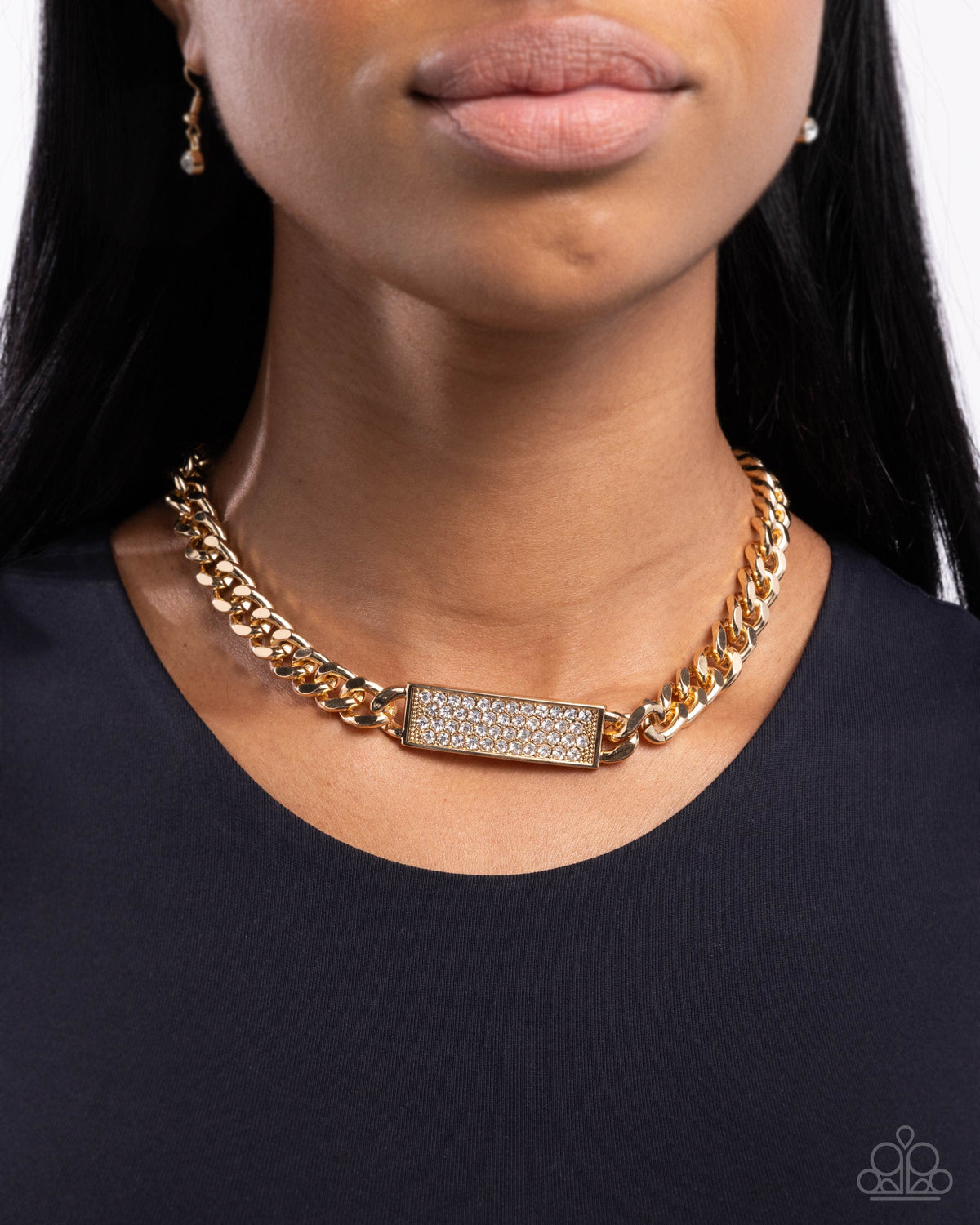 Rockstar Radiance Gold & White Rhinestone Necklace - Paparazzi Accessories- on model - CarasShop.com - Paparazzi Jewelry by Cara Jewels