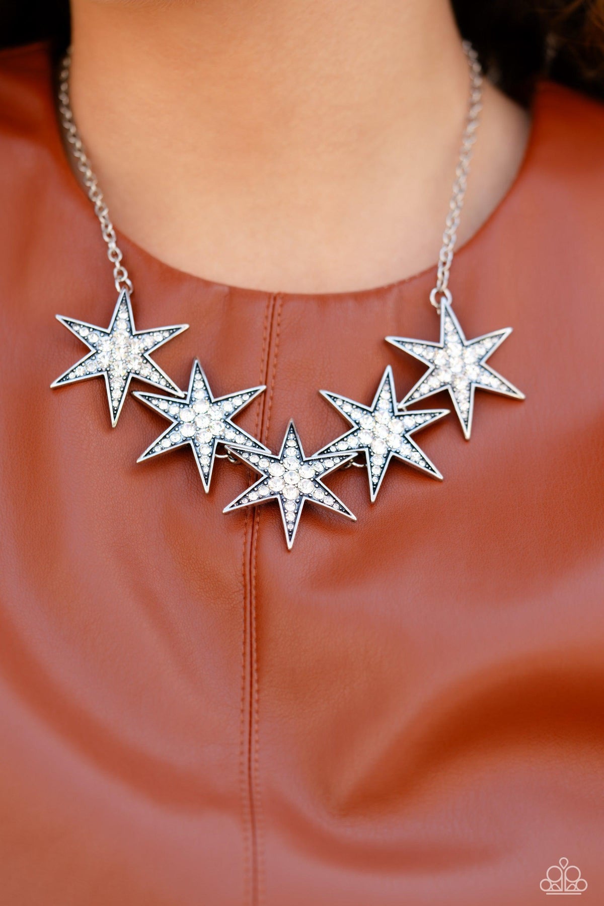 Rockstar Ready White Rhinestone Star Necklace - Paparazzi Accessories- on model - CarasShop.com - Paparazzi Jewelry by Cara Jewels
