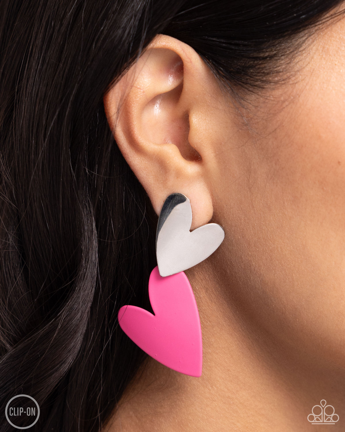 Romantic Occasion Pink Heart Clip-on Earrings - Paparazzi Accessories- on model - CarasShop.com - Paparazzi Jewelry by Cara Jewels