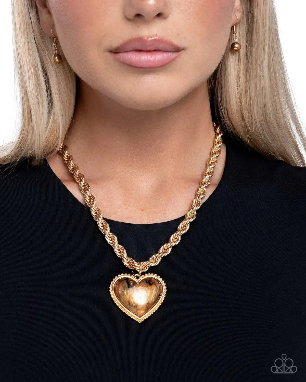 Romantic Rhythm Brown Stone Heart Necklace - Paparazzi Accessories-on model - CarasShop.com - Paparazzi Jewelry by Cara Jewels