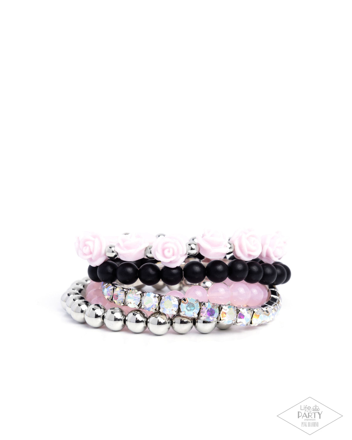 Rose Garden Grandeur Pink, Black and Silver Bracelet Set - Paparazzi Accessories- lightbox - CarasShop.com - Paparazzi Jewelry by Cara Jewels