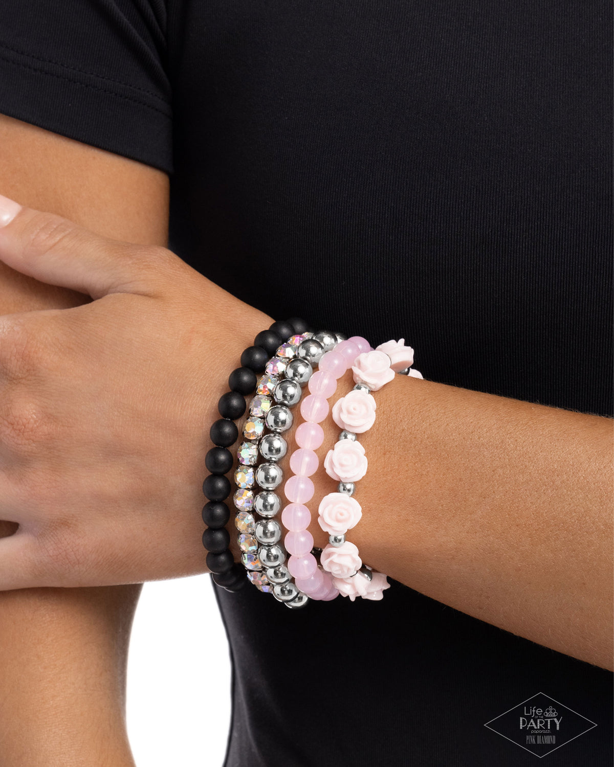 Rose Garden Grandeur Pink, Black and Silver Bracelet Set - Paparazzi Accessories-on model - CarasShop.com - Paparazzi Jewelry by Cara Jewels
