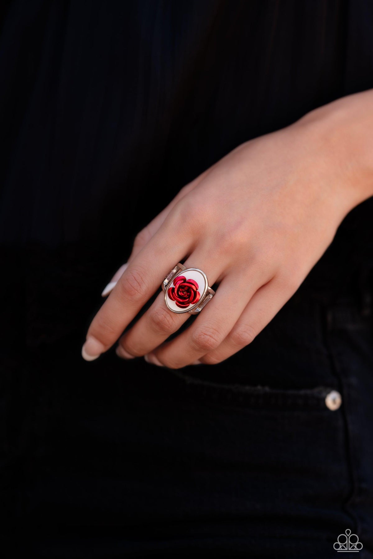 ROSE to My Heart Red Flower Ring - Paparazzi Accessories- on model - CarasShop.com - Paparazzi Jewelry by Cara Jewels