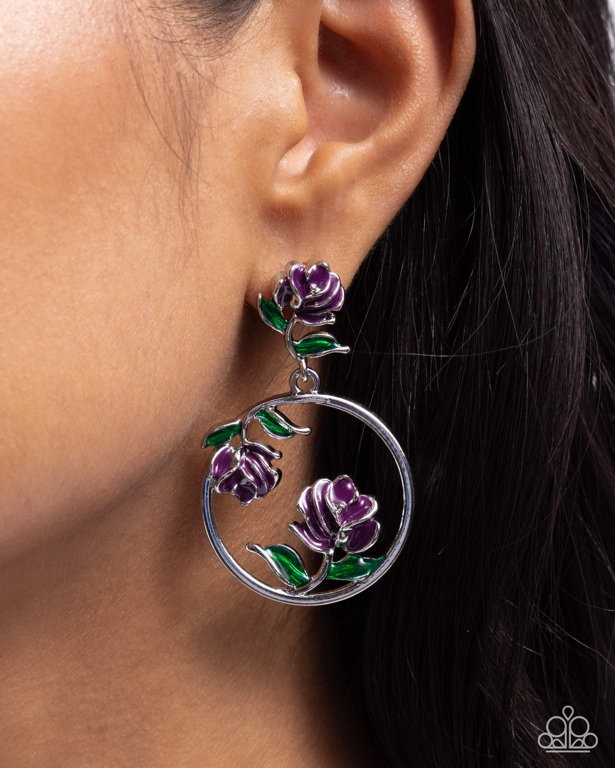 ROSE to You Purple Earrings - Paparazzi Accessories- on model - CarasShop.com - Paparazzi Jewelry by Cara Jewels