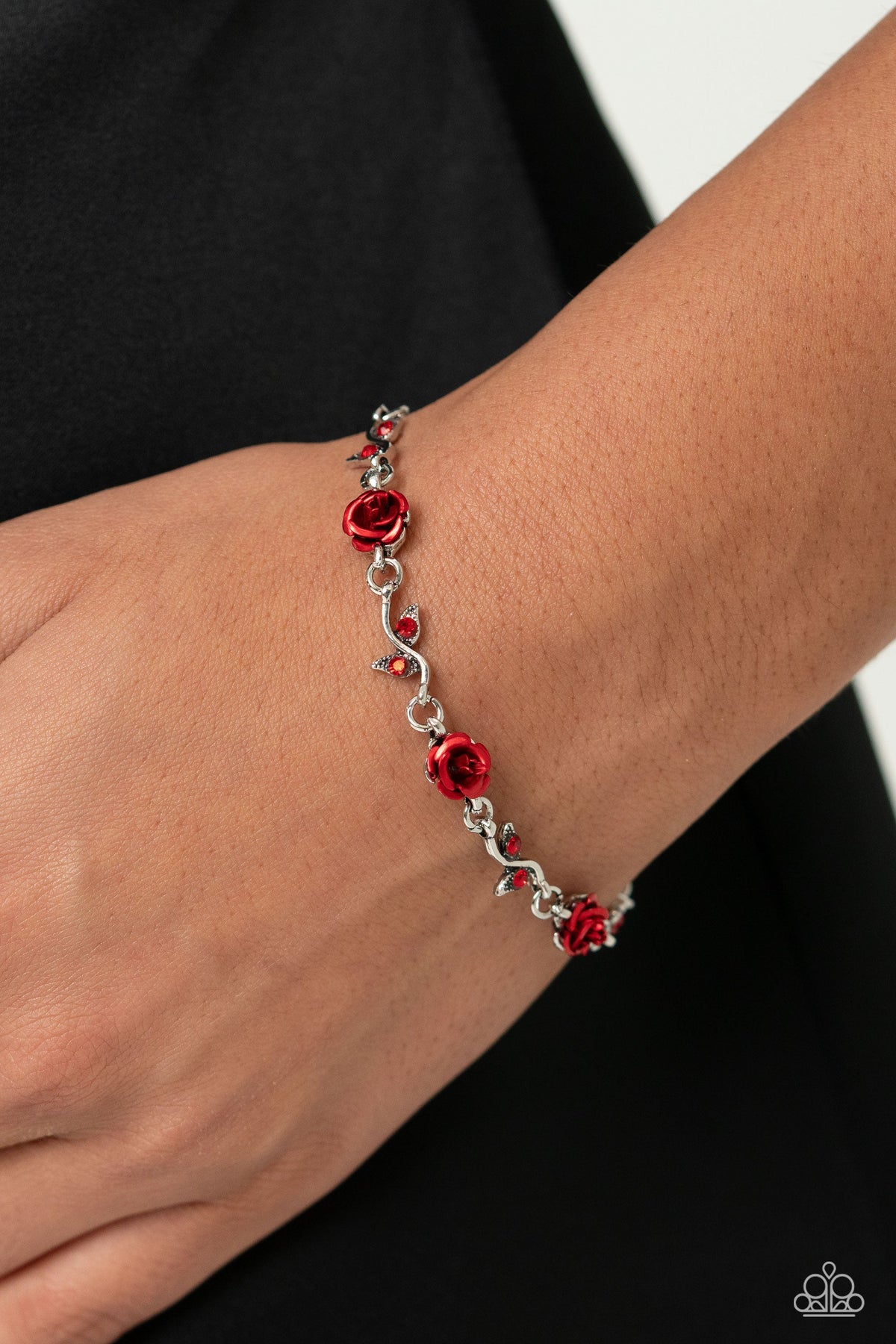 Roses Supposes Red Floral Bracelet - Paparazzi Accessories- on model - CarasShop.com - Paparazzi Jewelry by Cara Jewels