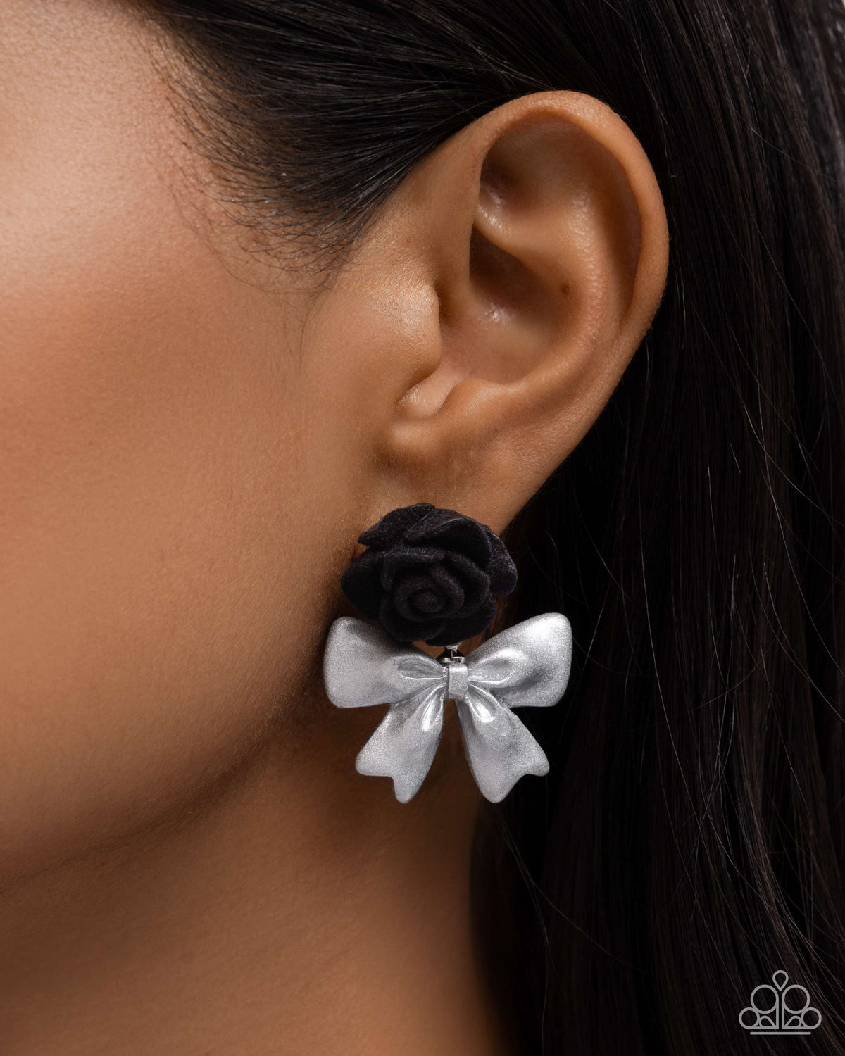 Rosette Rarity Black Rose & White Bow Earrings - Paparazzi Accessories- on model - CarasShop.com - Paparazzi Jewelry by Cara Jewels